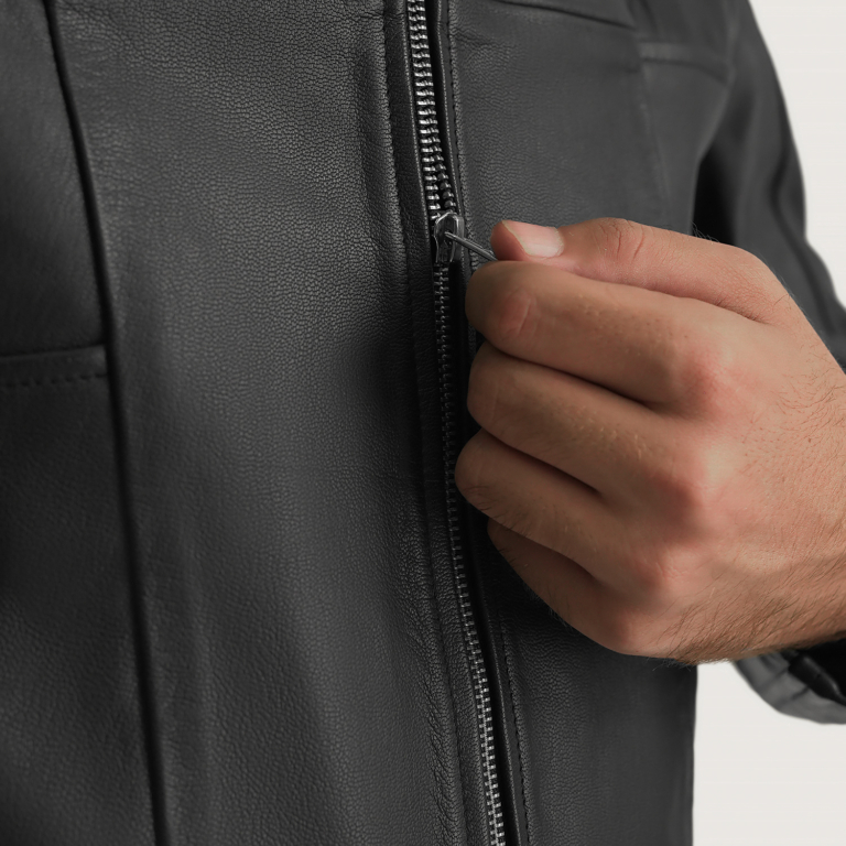 Mens Spratt Black Hooded Leather Jacket Close-Up-9-1700228955367